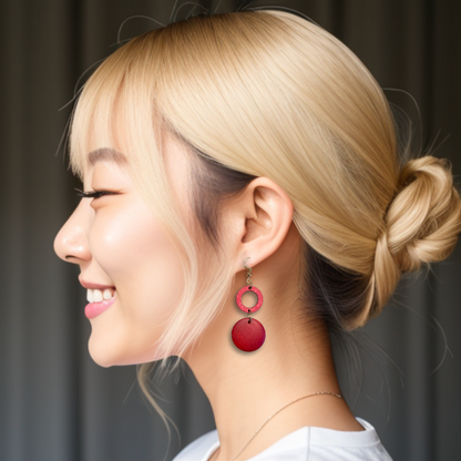 [ pin pong ] Red wooden drop earring