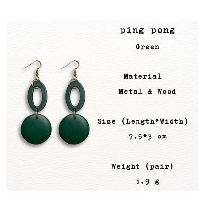 [ ping pong ] Black / Green wooden drop earring