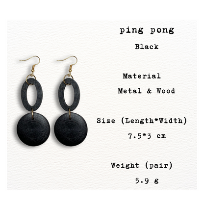 [ ping pong ] Black / Green wooden drop earring