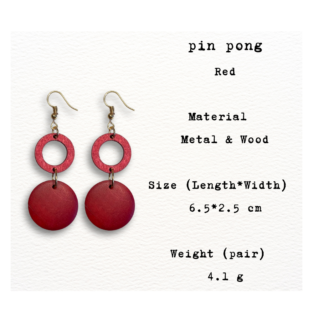 [ pin pong ] Red wooden drop earring