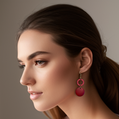 [ pin pong ] Red wooden drop earring