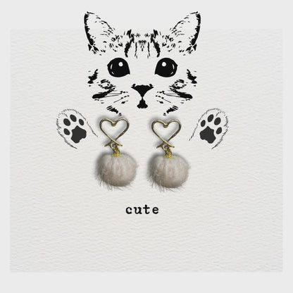 [ cute ] Brown / White a fluffy ball drop earring