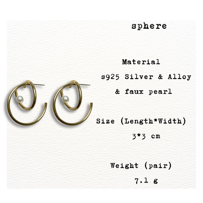 [ sphere ] Circular with faux pearl stud earring